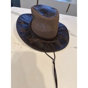 American Hat Makers Brown Mesh Leather Outback Cowboy Chinstrap Size M USA MADE